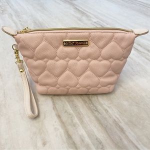 Betsey Johnson Pink Wristlet Cosmetic Zipper Pouch Bag Diamond Ring Hearts Bag